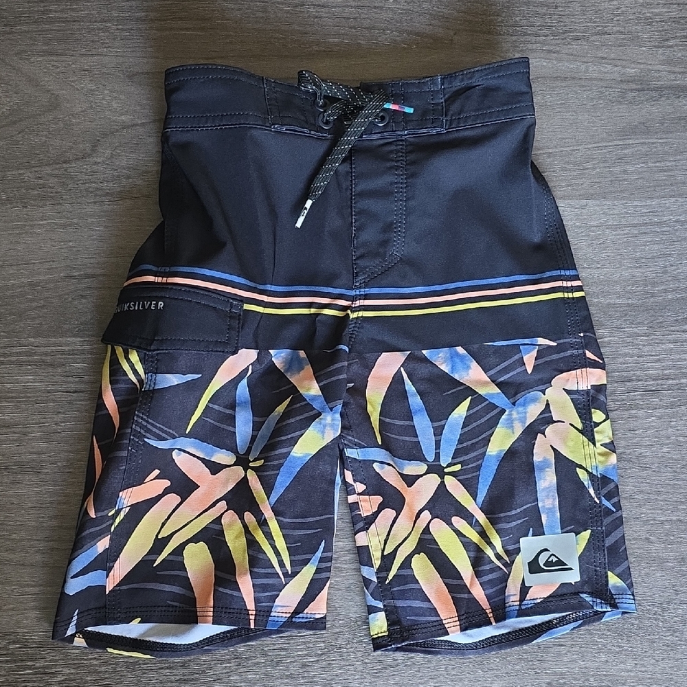 Quiksilver Black and Vibrant Leaf Pattern Board Shorts